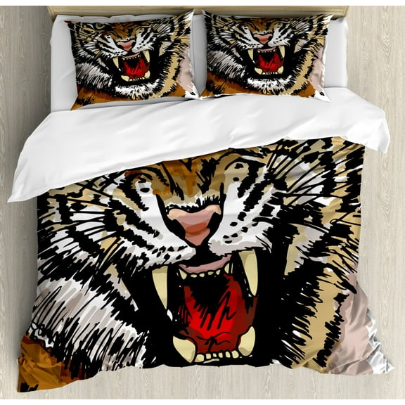 Tiger Duvet Cover Set Queen Size, Digital Drawing of Large Feline Sketch Style Angry Big Cat with Intense Eyes Print, Decorative 3 Piece Bedding Set with 2 Pillow Shams, Multicolor, by Ambesonne