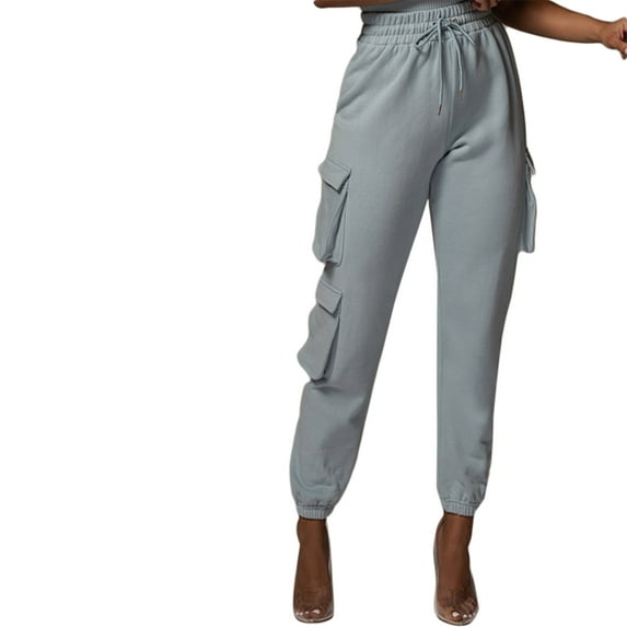 YESTUNE Women High Waist Jogger Cargo Pants Drawstring Solid Loose Pockets Sweatpants