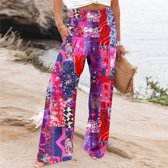 Runfenguu Hiking Pants Women, Baggy Pants Women Women Casual Comfortable Printing Pockets Elastic Waist Straight Loose Pants