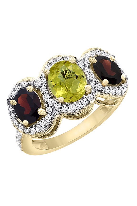 14K Yellow Gold Natural Lemon Quartz & Garnet 3-Stone Ring Oval Diamond Accent, size 7