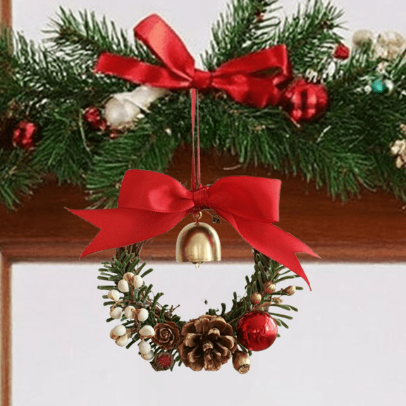 Bxaolu Small Christmas Wreath Mini Wreaths for Kitchen Window Chair Backs with Ribbon Bell Artificial Greenery Christmas Wreaths for Farmhouse Holiday Decoration(4.75", 1Pack)