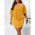 thumbnail image 3 of Mustard Yellow Plus Size Off-Shoulder Fitted Mini Dress With Sheer Flounce Overlay, 3 of 7