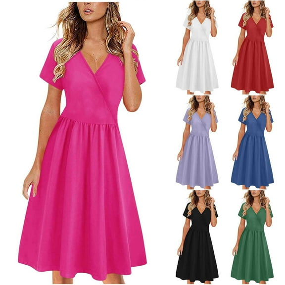 SMihono Women's Summer Casual Dress Short Sleeve Wrap V-Neck A-Line Dress Sundress Wedding Guest Cocktail Midi Dresses Army Green XXL