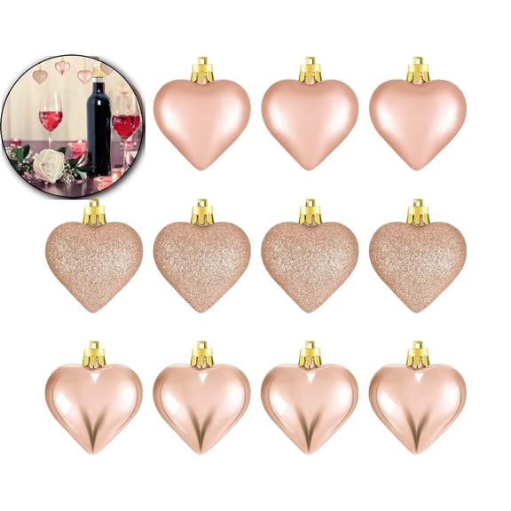 WNFJR 12Pcs Heart Ornaments Multi Finish Heart Baubles Hanging Ornaments for Valentine’s Day Decor Mother's Day Christmas Tree Wedding Anniversary Party Decoration