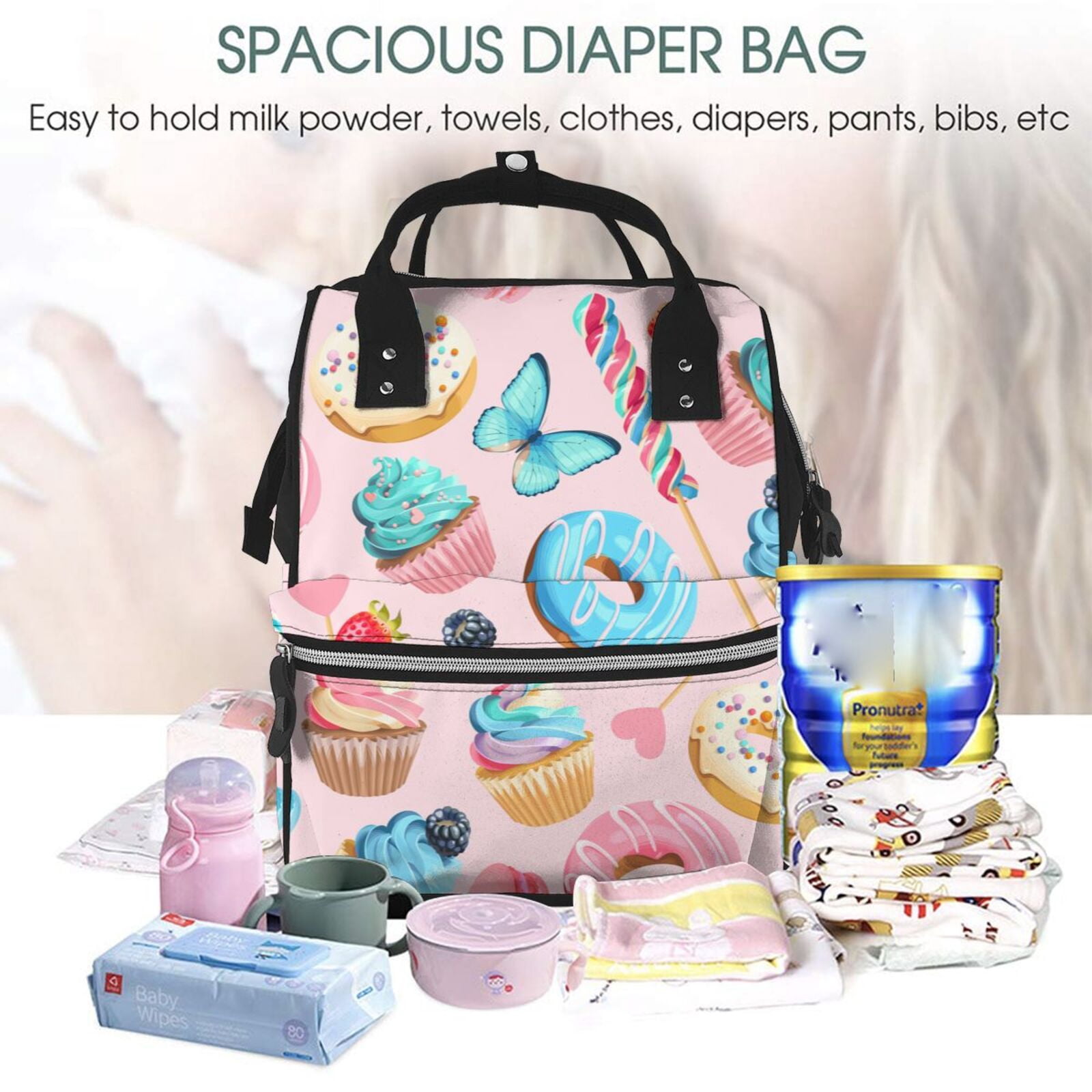 Fuzoiu Cupcakes and Donuts Print Diaper Bag Backpack,Baby Essentials Travel Tote,Multi function Waterproof Diaper Bag, Travel Essentials Baby Bag - Unisex