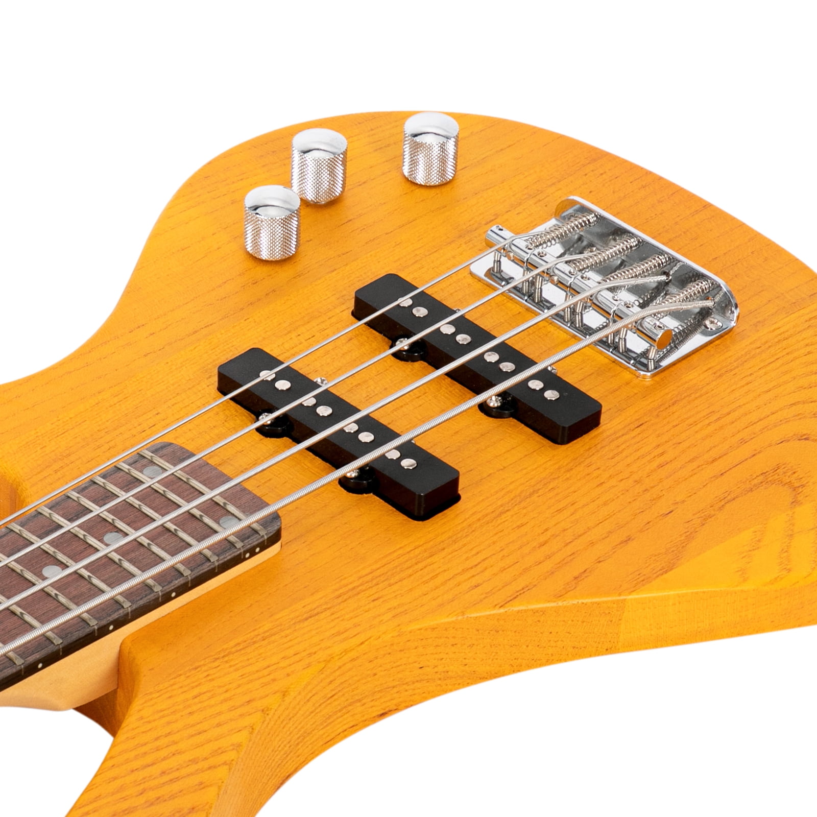 GW101 36in Small Scale Electric Bass Guitar Suit With Mahogany Body SS Pickups, Guitar Bag, Strap, Cable Transparent Yellow