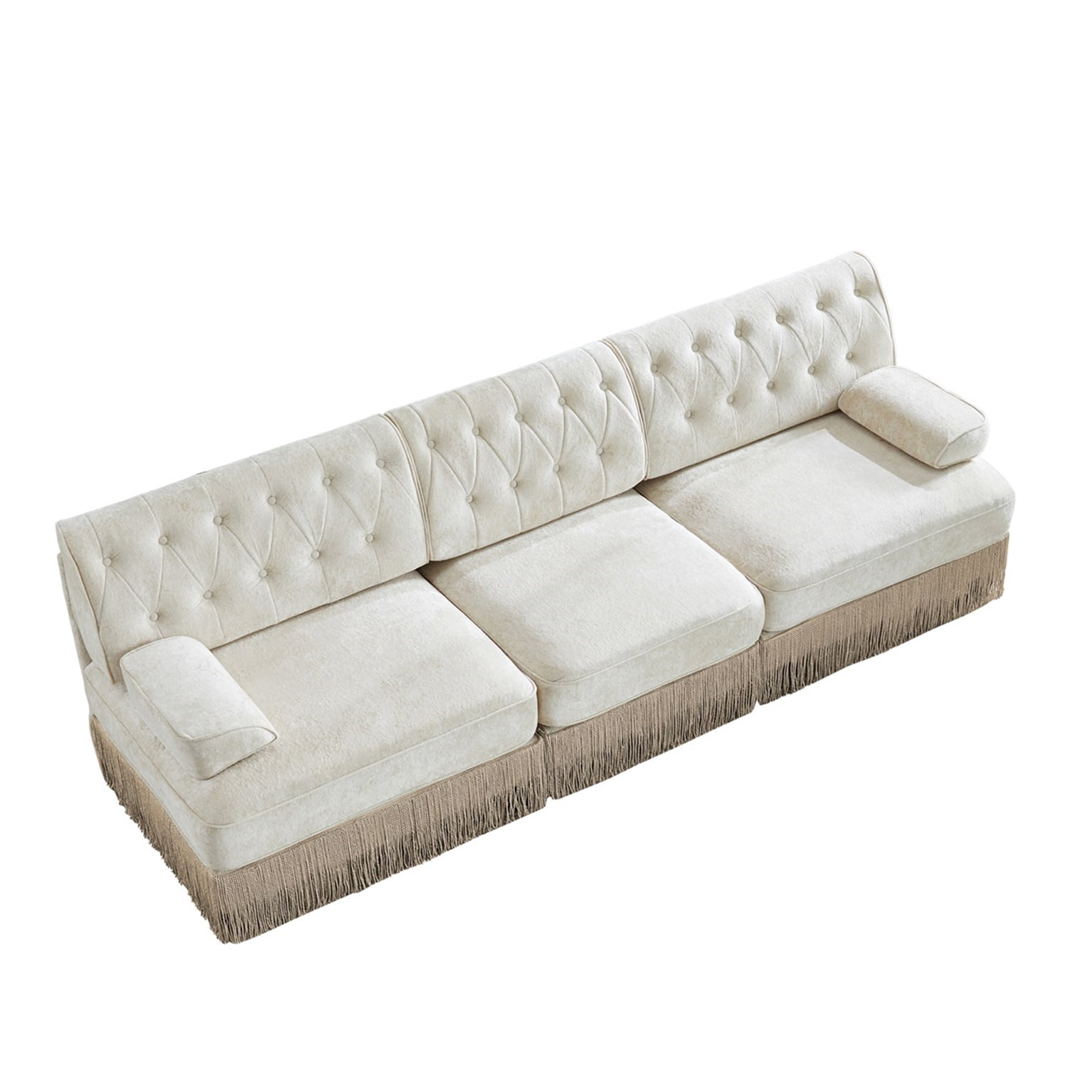 Hommoo 3-Seater Chesterfield Style Velvet Fabric Sofa Couch set, Tufted Button Upholstered Design and Floor-grazing Tassel, Free Combination Sectional Sofa, for Home, Beige