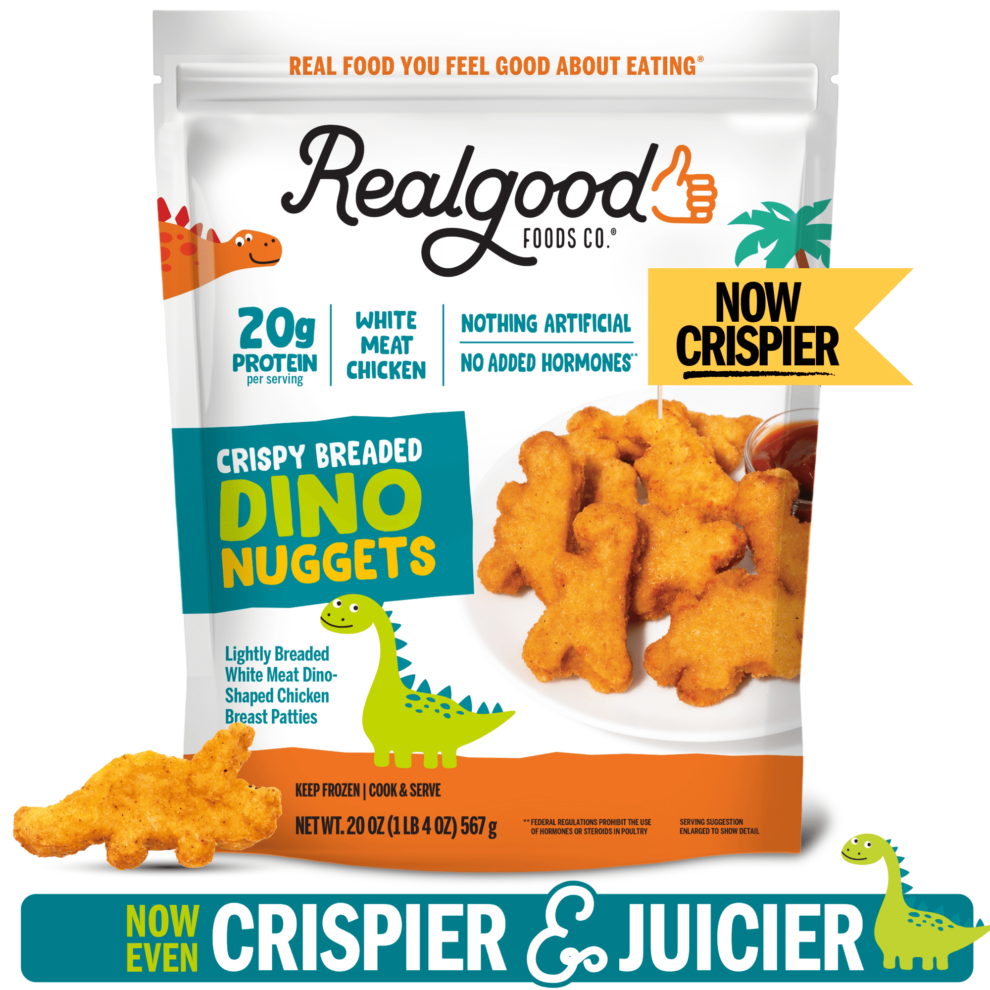 Realgood Foods Co. Lightly Breaded Dino Chicken Nuggets, 20 oz Bag (Frozen)