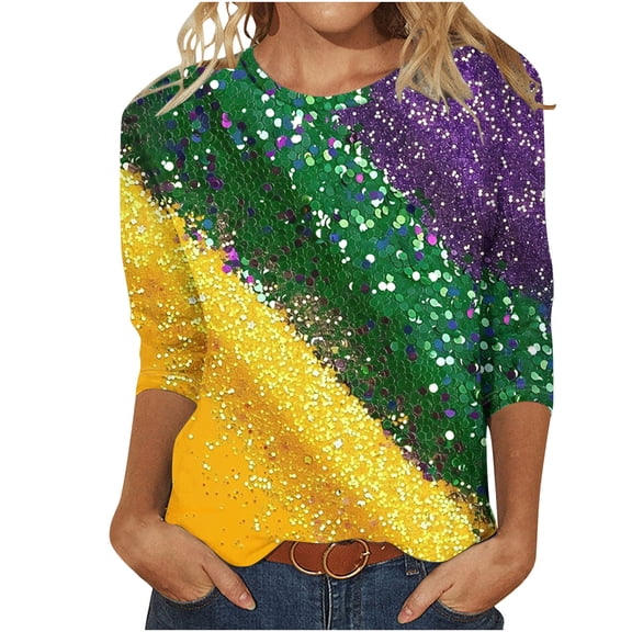 Oksale Mardi Gras Shirts for Women Cute Sequin Graphic T Shirt 3/4 Sleeve Blouses Casual Crew Neck Blouse Holiday Festival Top Loose Fit Tops 2025
