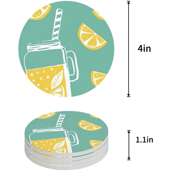 FMSHPON Lemon Set of 4 Round Coaster for Drinks, Absorbent Ceramic Stone Coasters Cup Mat with Cork Base for Home Kitchen Room Coffee Table Bar Decor