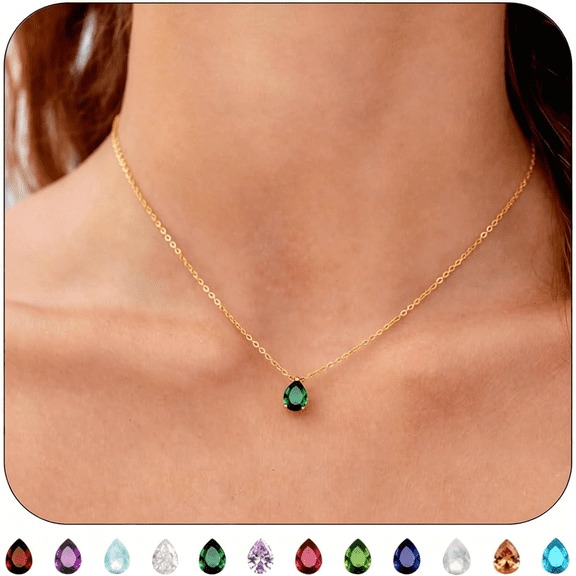 DESIGNICE 18K Gold Plated Birthstone Necklace for Women Dainty Diamond Teardrop Necklaces Emerald Green Cz Pendant Necklace Birthday Gift for Women Jewelry Birthstone Necklace for Women