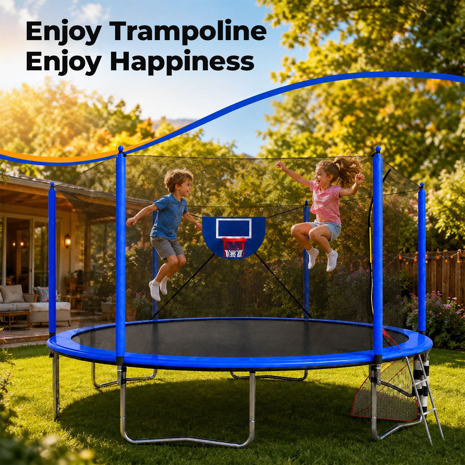 Alvantor 16Ft Trampoline for Kids & Adults, Round Trampoline with Enclosure Net,Basketball Hoop,Soccer Goal and Ladder for Backyard Blue