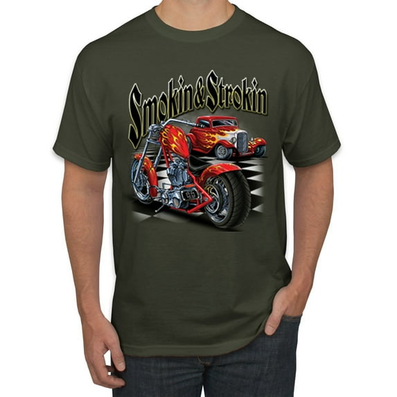 Wild Bobby, Smokin & Strokin Vintage Red Hot Rod and Motorcyle Cars and Trucks Men's Graphic T-Shirt, Military Green, Medium