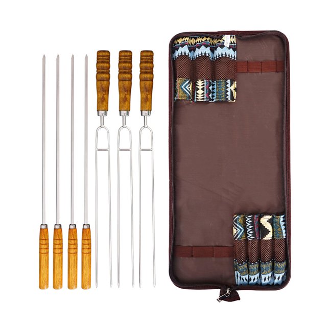 7Pcs Acier Inoxydable Grill Brochette Kit avec Poignée en Bois U Forme Bâton de Viande Barbecue pour le Camping