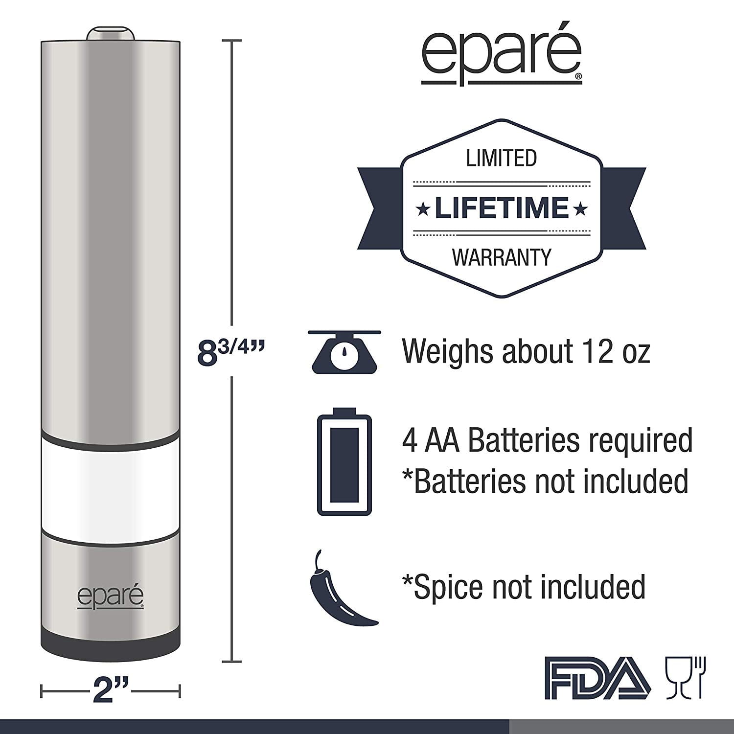 EparA Electric Salt or Pepper grinder - Battery Operated ceramic Burr  Peppermill Shaker - Automatic copper Steel grinders - Mill With