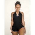 thumbnail image 2 of Women'S Striped Sleeveless Bodysuit Shorts Short Sleeve Collar Jumpsuit Black S, 2 of 4