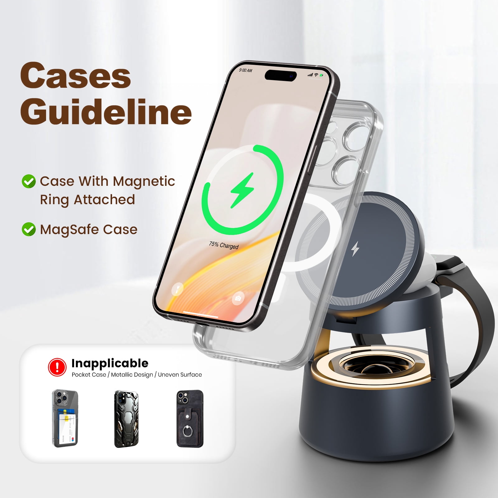 Wireless Charger,5 in 1 Wireless Charging Station for iPhone Charger with Soft Light and Bluetooth Speaker,22.5W Magsafe Charging Station for iPhone 8 and above series,Compatible with AirPods iWatch