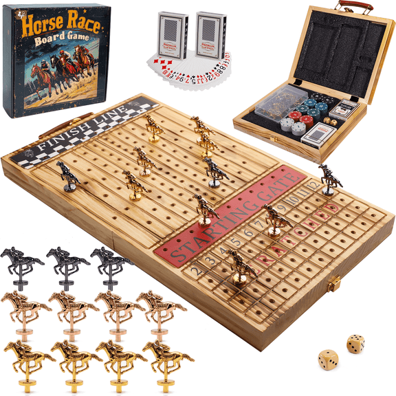 Grhonior Horse Race Board Game Foldable Solid Wood Horse Racing Game With 11 Luxury Metal Horses, Cards and Dice for Adults, Finish Line Family Party Game with 2 Dice & 100 Chips(Light Flame)