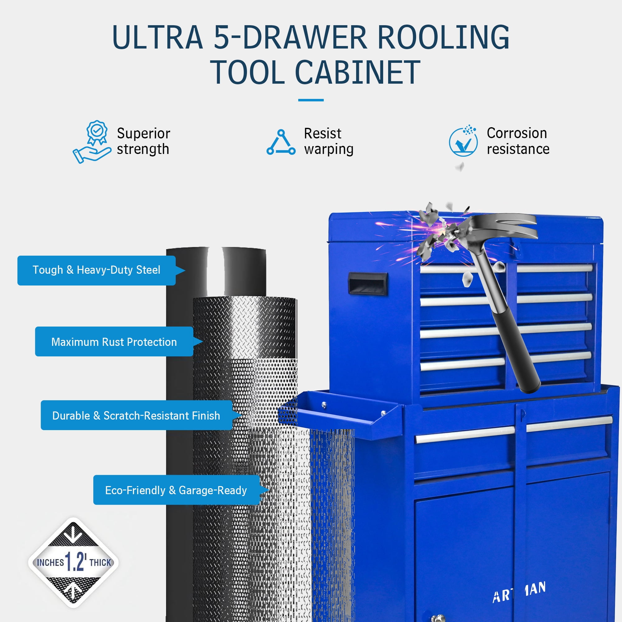 5-Drawer Rolling Tool Cabinet,Tool Chest on Wheels with Keyed Locking System and Drawer Liners,Tool Chest with Link Buckle for Warehouse and Garage