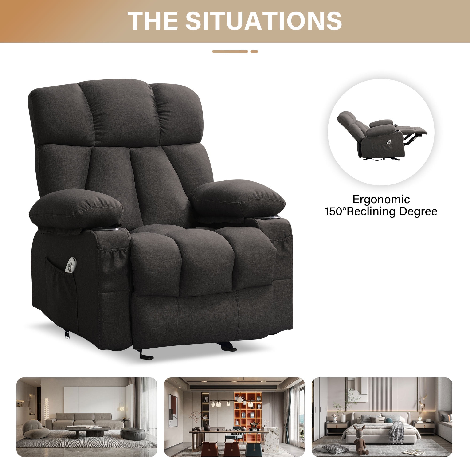 JONPONY Heated Manual Massage Recliner with Cup Holder, Single Rocker Sofa with Cup Holders for Bedroom Home Theater,Dark Black