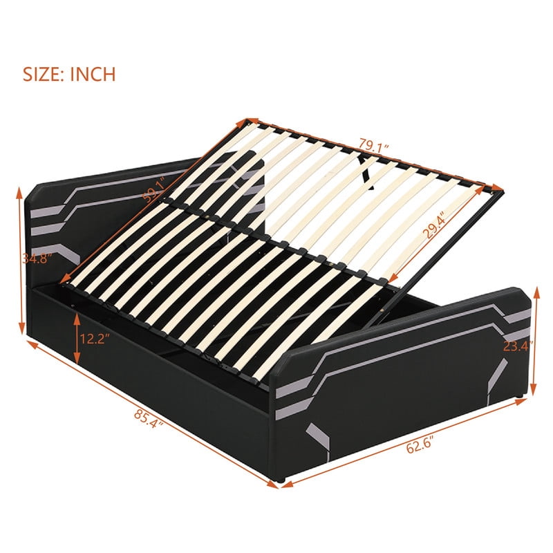 Queen Size PU Leather Gaming Bed Frame with Hydraulic Storage, Cyberpunk Style Platform Bed with Futuristic Pattern Headboard