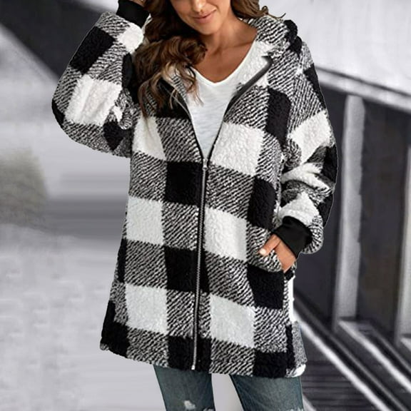Jacket Women Women's Plush Coat Long Sleeve Plaid Hooded Zipper with Pocket Loose Coat Winter Coats for Women Black L
