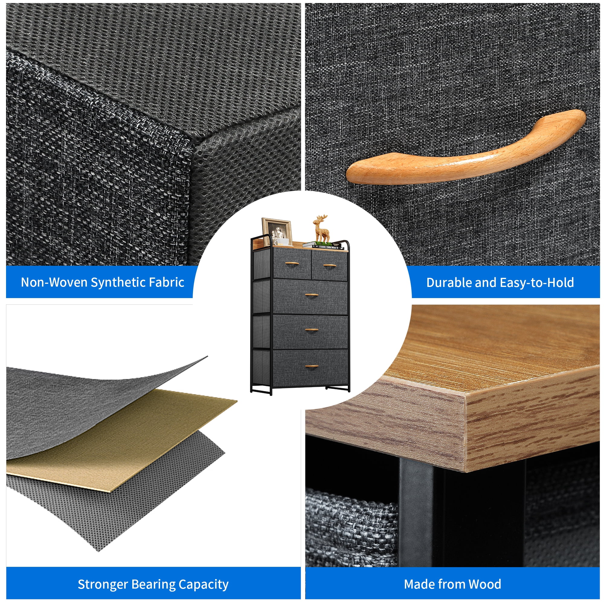 Dextrus Wide 5 Drawer Storage Organizer Wooden Top Shelf for Closets, Black Grey