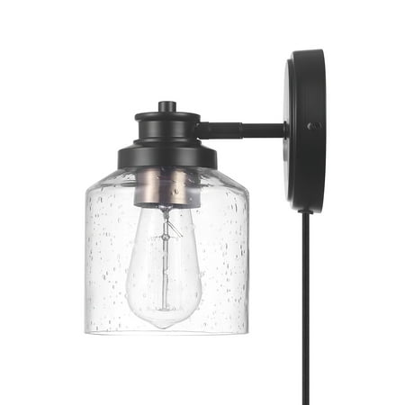 

Globe Electric Willow 1-Light Matte Black Plug-In or Hardwire Wall Sconce with Seeded Glass Shade 91004446