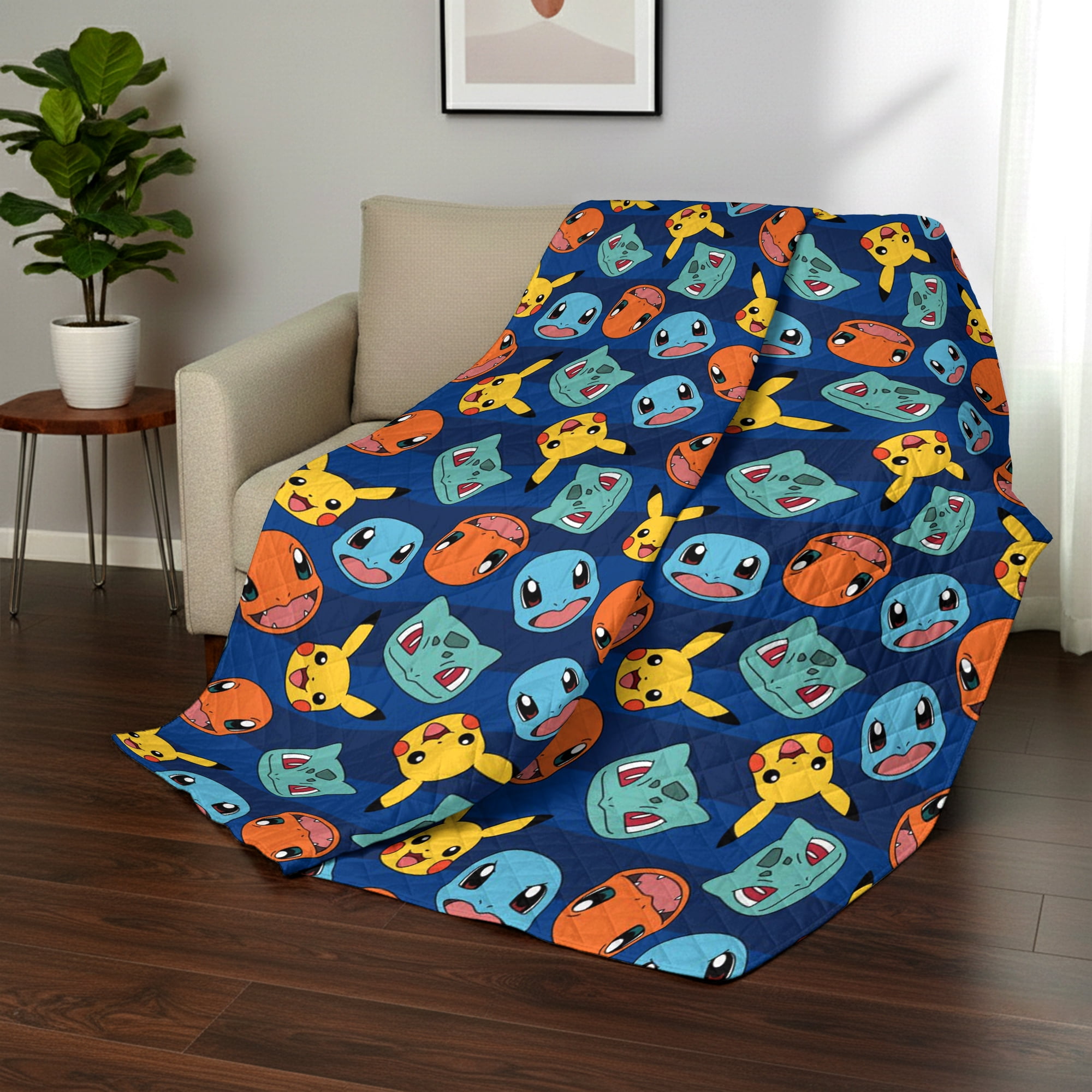 Pokemon Striped Favorites Twin/Full Quilted Blanket 60x90 inches, Kids Character Bedding