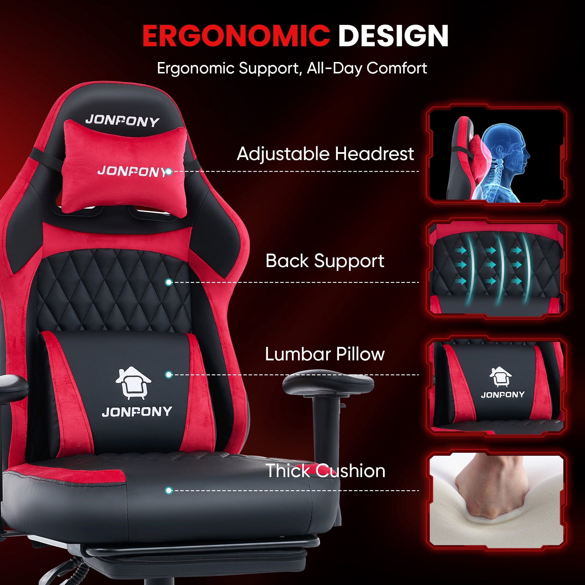 JONPONY Big and Tall 500LBS Ergonomic Gaming Chair, High Back Office Chair with Wide Wingless Seat and Thick Cushion, Comfortable Leather  Computer Chair Support Long Sitting,2D Armrests,Red