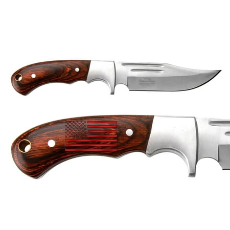NDZ Performance Elk Ridge 9.5 Fixed Blade Knife - Red US Flag Engraved Pakkawood Handle Full Tang Leather Sheath - Tactical & Hunting Knife