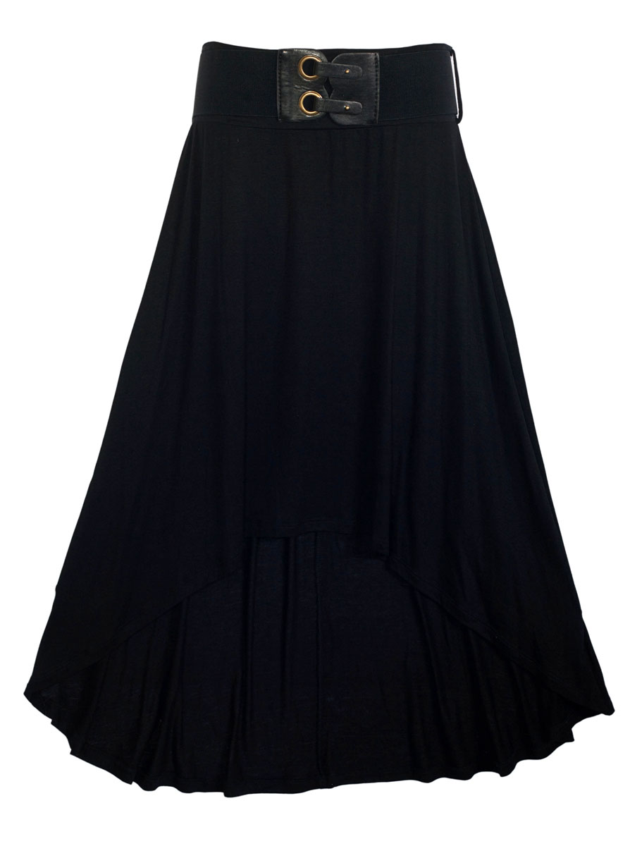 eVogues Plus Size High Low Skirt with Elastic Belt Black