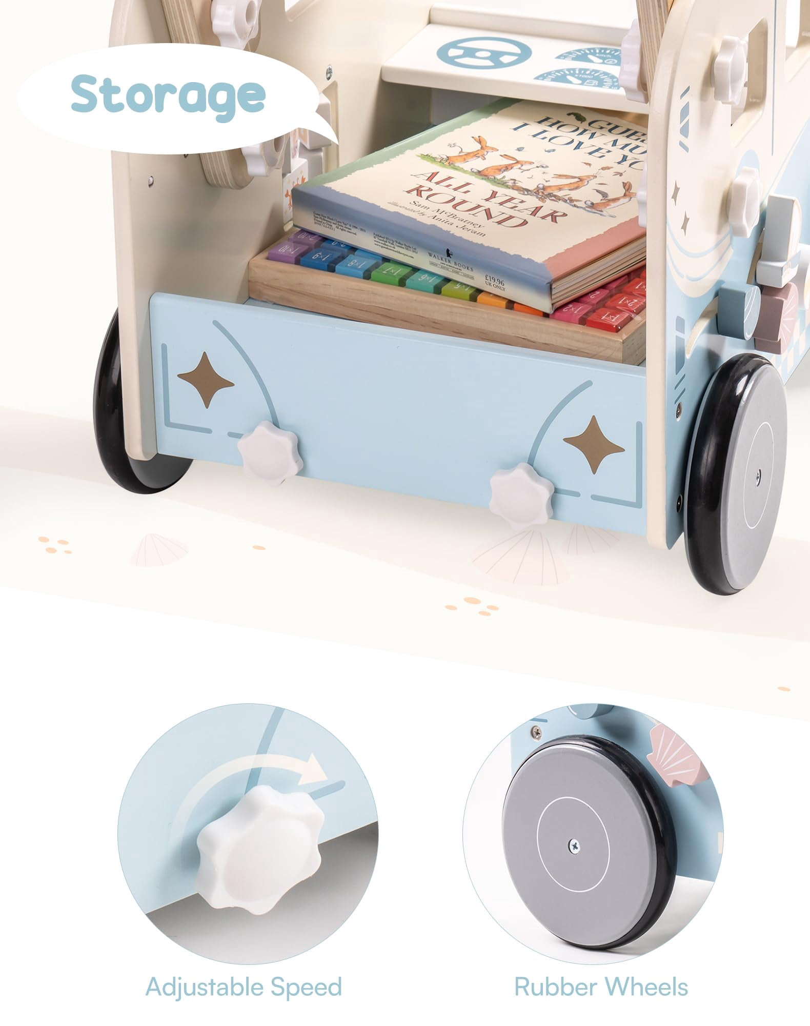 Robud Baby Push Walker Wooden Furniture Multi-Functional Toy Vacaction Bus for Boys Girls Kids Gift,Blue