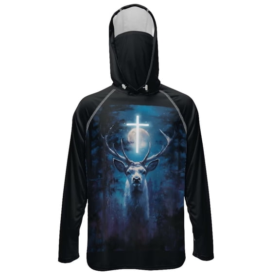 SEANATIVE Men's Sun Hoodie for Fishing, Long Sleeve Shirt UV Protection Cooling Full Coverage Fishing Pullover Top with Built-in Face Mask, S, Deer Cross Moon Forest Pattern Blue Black