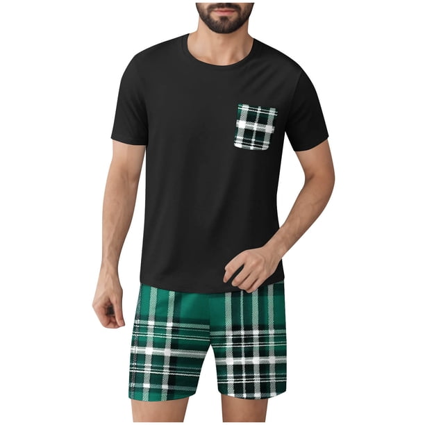 Mangas de Mano para Hombres Plaid Casual Home Sleepwear Manga Corta Cuello Redondo Top Y Pantalones Cortos Set, Algodón Poliéster Sala de Desgaste