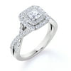 Elegant 1 Carat - Square Cut Diamond - Twisted Band - Pave - Double Halo Engagement Ring - 10K White Gold