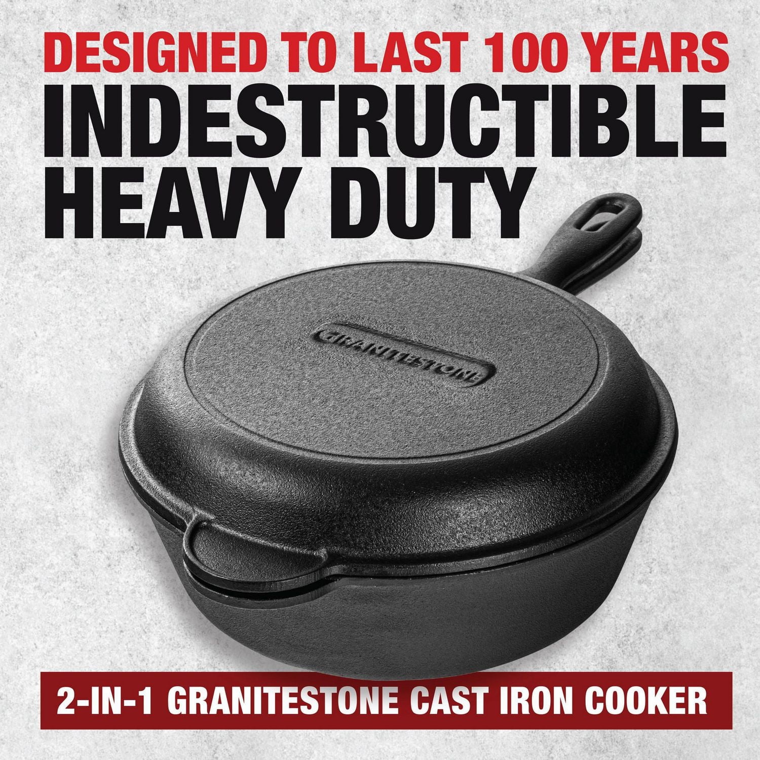 Granitestone Cast Iron 2-in-1 Cooker Set – Heavy Duty Pre-Seasoned 3 Qt Pan with 10” Skillet Lid