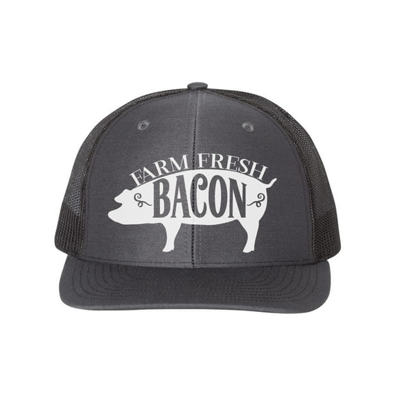 Bacon Hat, Farm Fresh Bacon, Bacon Lover, Bacon Apparel, Gift For Bacon Lover, Trucker Hat, Adjustable, 10 Different Colors!, White Text, Charcoal/Black