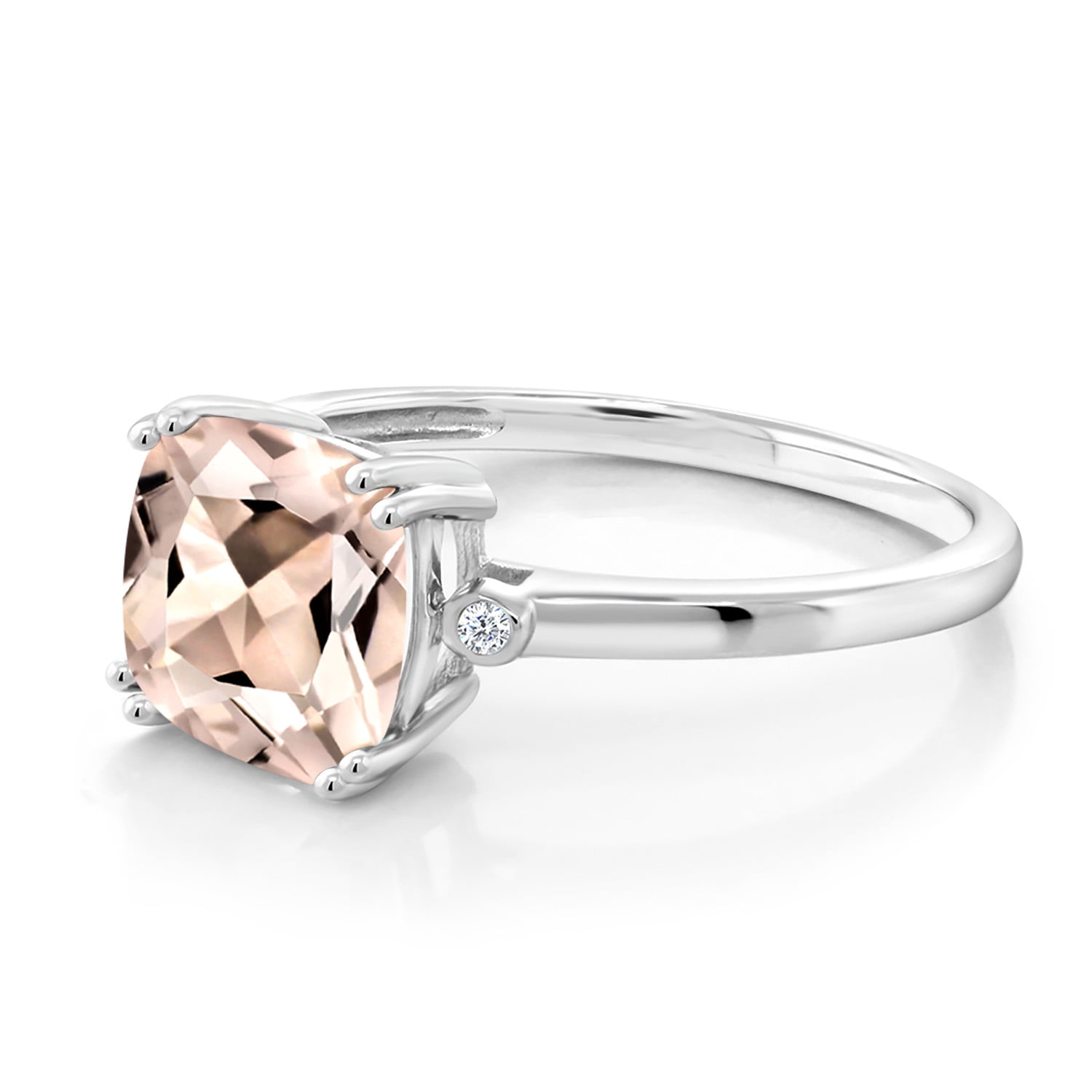 Gem Stone King 1.89 Ct Cushion Peach Morganite White Diamond 10K White Gold Ring