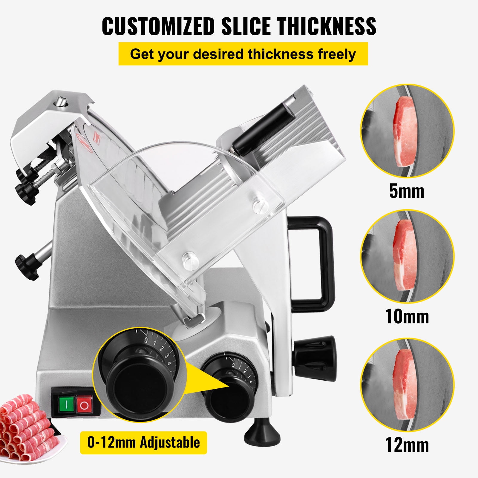 VEVOR Meat Slicer, 200 W Electric Deli Food Slicer, 350-400 rpm Commercial Meat Slicer with 8'' Chromium-plated Steel Blade, 0-12 mm Adjustable Thickness Food Slicer Machined