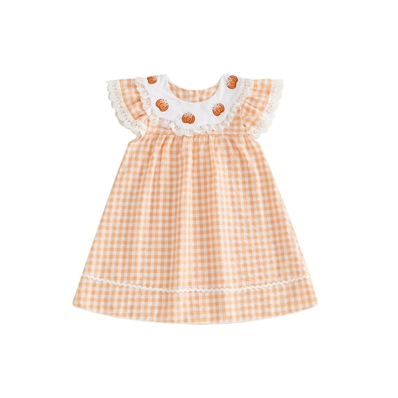 Svuitmsl Toddler Baby Girl Halloween Dress Outfit Little Baby Girl Summer Fall Gingham Palid Dress Cute Pumpkin Embroidery Lace Flying Sleeve A-Line Dress