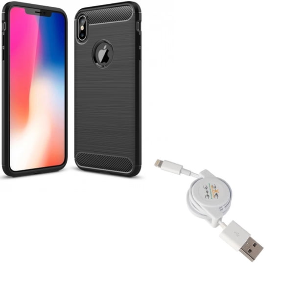 Carbon Fiber Case w Retractable USB Cable for iPhone XS Max - Slim Fit Cover Reinforced Bumper Shock Absorbent Black and Charger Power Cord Sync Wire