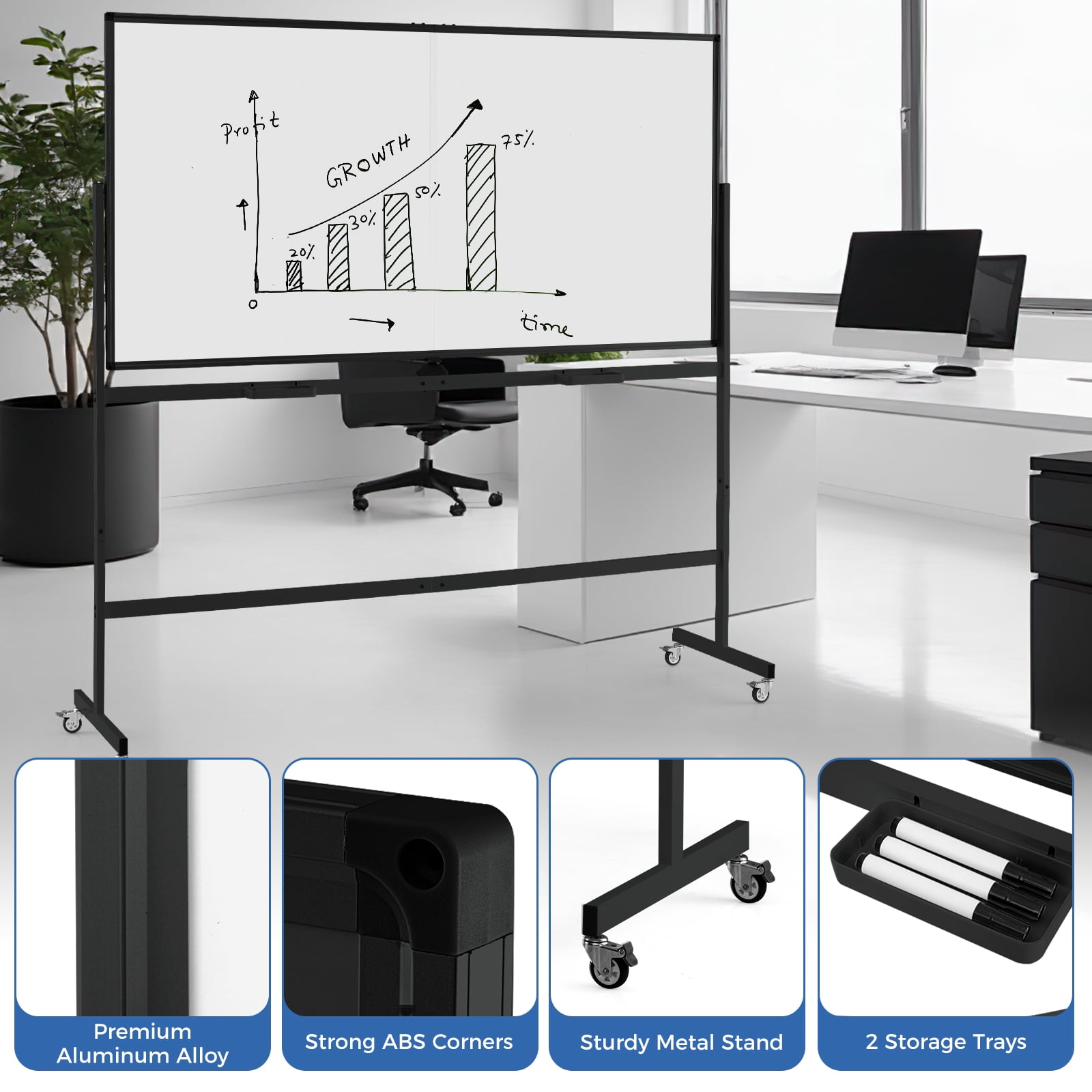 Costway 72" x 36" Double-Sided Magnetic Whiteboard with Stand and Aluminum Alloy Frame Black