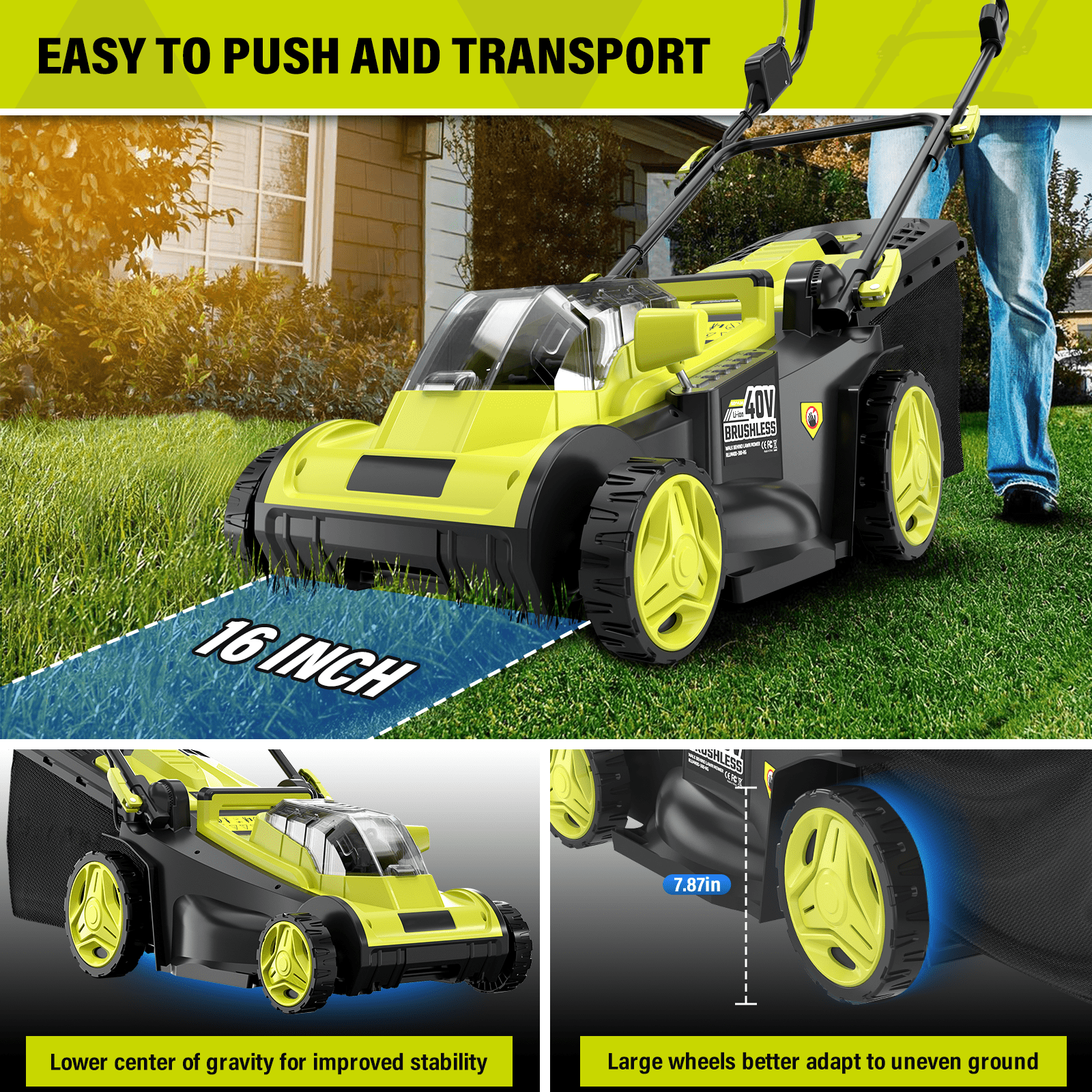 40V 16" Cordless Push Lawn Mower, Battery Powered Electric Mower with 2 x 4.0Ah Batteries & Charger, Brushless Motor, 6-Height Adjustment for Garden, Yard and Farm