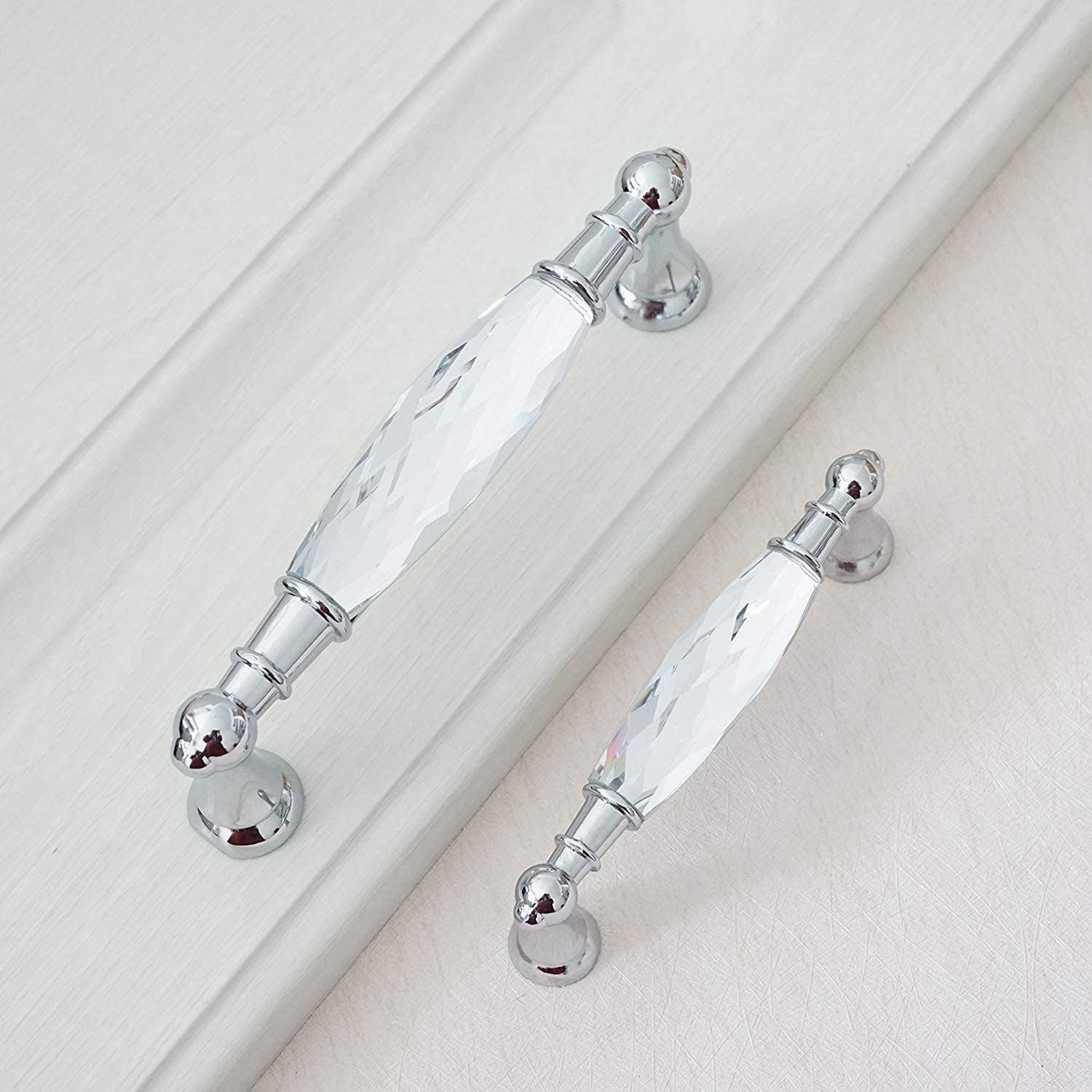 ABPETE Crystal Drawer Pulls Handles 5'' Hole to Hole Clear Glass Cabinet Knobs Pulls Dresser Knob Chrome Metal Silver Modern Cupboard Kitchen Bathroom Knobs (2, 5.0" Hole to Hole)