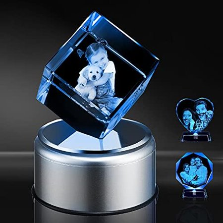 3d Crystal Photo Personalized Custom Laser Engraved Picture Cube with Led Base Included, Ideal Gifts for Mother's Day, Birthday, Anniversary