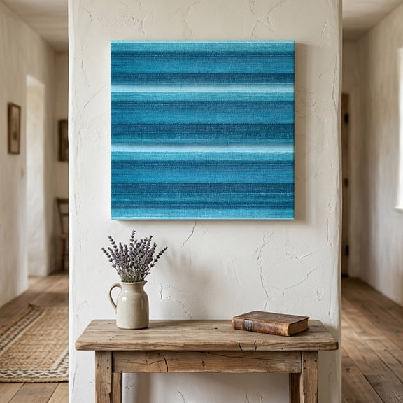 Ships Next Day Canvas Wall Art 16"x16", Turquoise Teal Ombre Wood Framed Canvas Print Painting, Farmhouse Modern Abstract Striped Ready to Hang Picture Wall Decor for Home Bedroom Kitchen Office