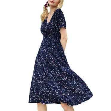 Enjiwell Women's Floral Print Bohemian V Neck Short Sleeve Chiffon Midi Dress
