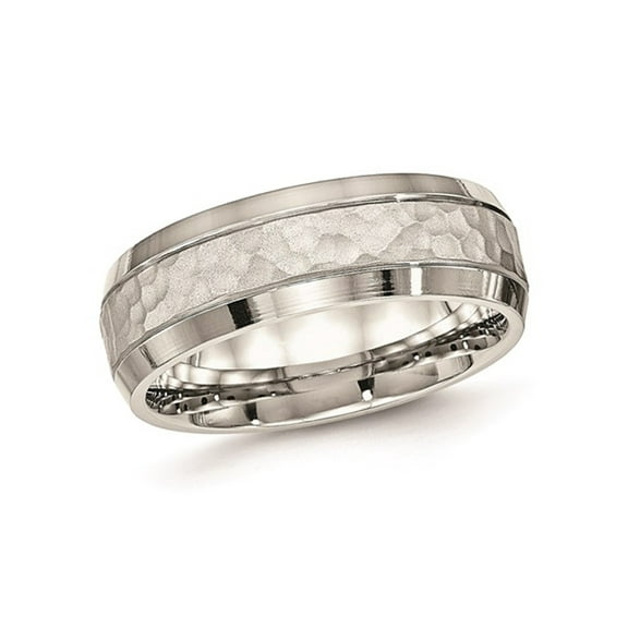 Mens Hammered Stainless Steel 7.5mm Wedding Band Ring with Polished Edge for Men