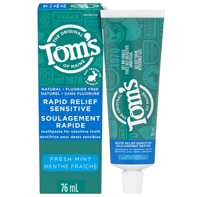 Tom’s of Maine Rapid Relief Sensitive Toothpaste, Fluoride Free, Mint, 76mL
